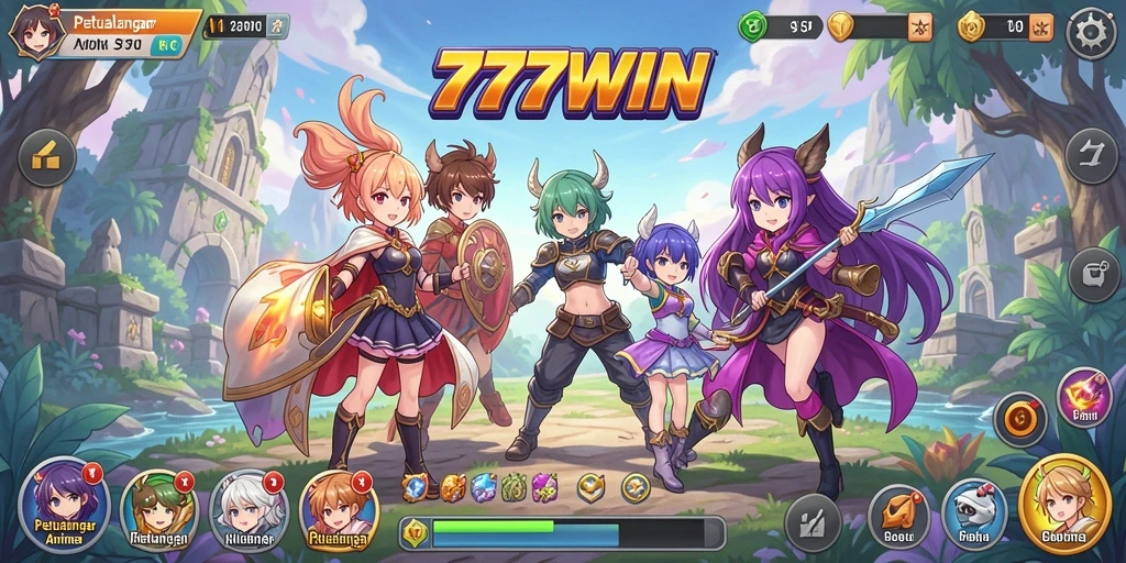 Screenshot utama <strong>777WIN</strong> menampilkan aksi karakter dalam dunia Anime.