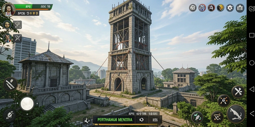 Tampilan gameplay seru dan strategi menara yang mendebarkan.