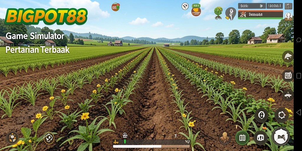 Screenshot gameplay BIGPOT88 menunjukkan ladang subur dengan berbagai tanaman.