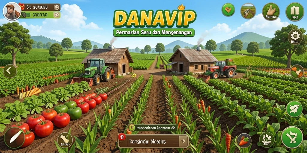 Tampilan menarik dari gameplay pertanian <strong>DANAVIP</strong> dengan kebun yang rimbun.