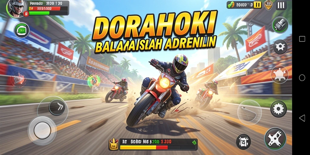 Gameplay balapan menegangkan di DORAHOKI dengan trek yang memukau.