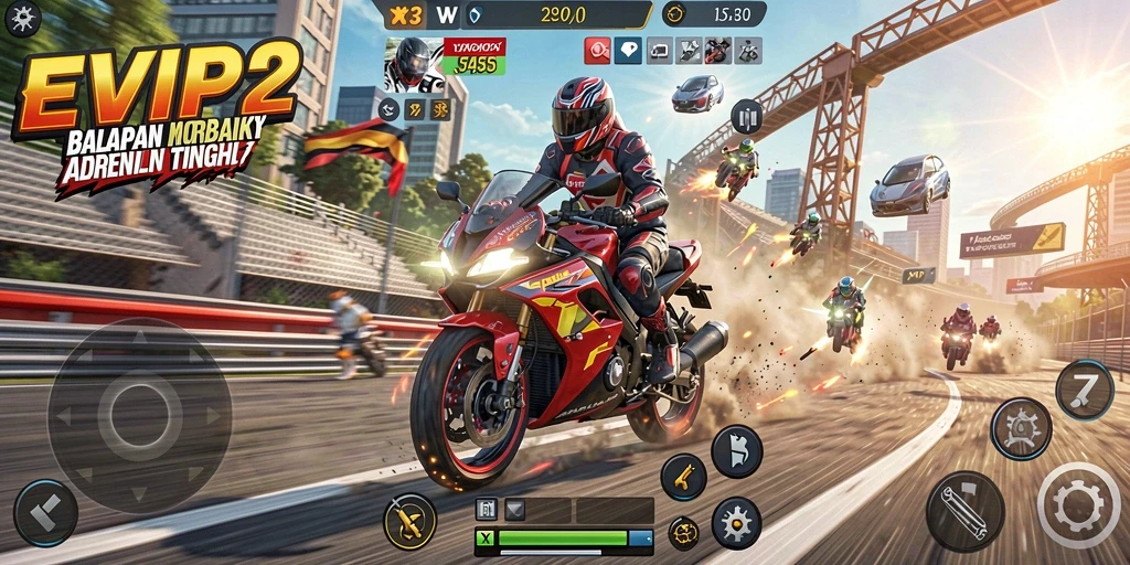 Gameplay mendebarkan dari EVIP2 dengan balapan motor yang intens.