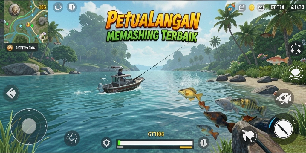 Gameplay GT108 yang menampilkan aksi memancing yang seru.