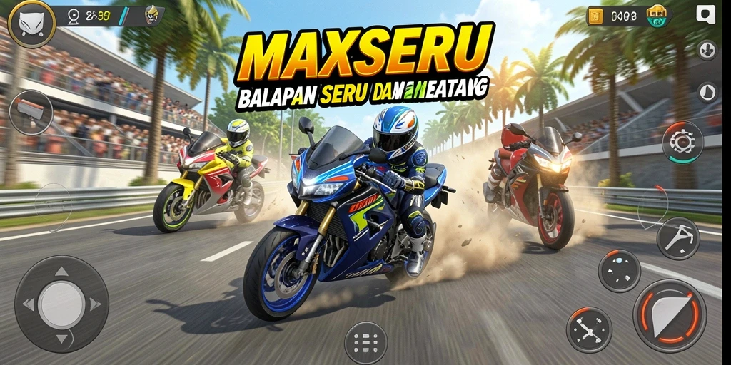 Tangkapan layar utama <strong>MAXSERU</strong> menunjukkan aksi balapan motor yang mendebarkan.