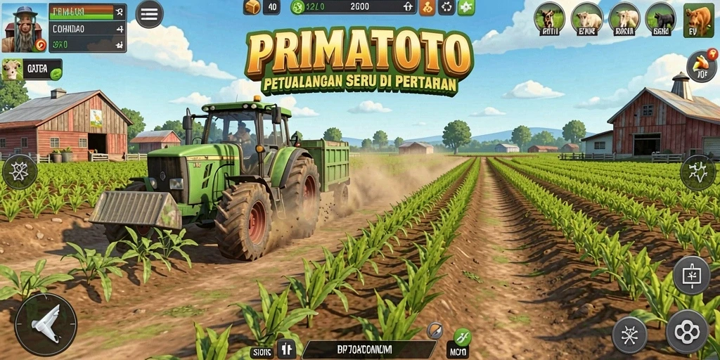 Screenshot gameplay PRIMATOTO yang menunjukkan petualangan pertanian.