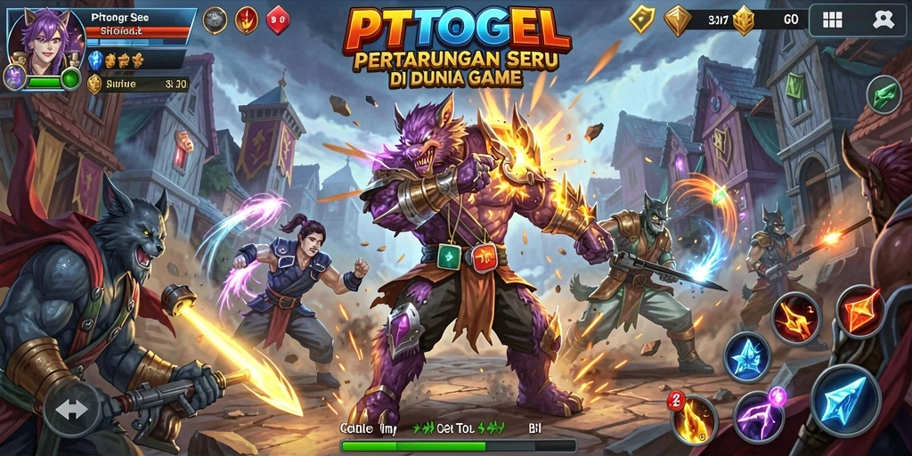Screenshot utama PTTOGEL menunjukkan aksi pertarungan yang intens.