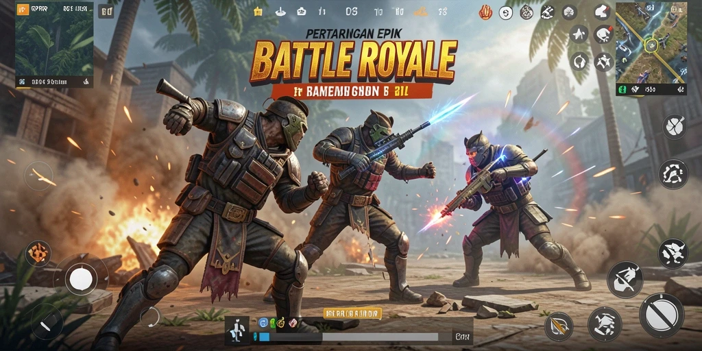 Screenshot RPRR menampilkan aksi pertarungan seru di arena Battle Royale.