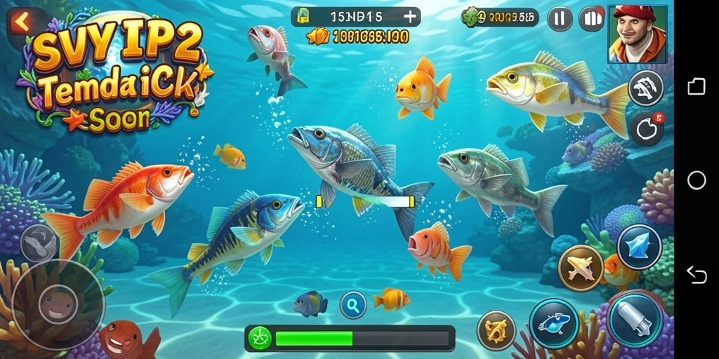 Screenshot gameplay SVIP2 yang menampilkan aksi menembak ikan.